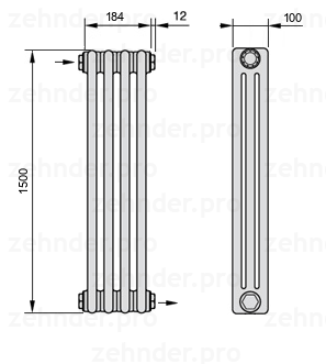 Схема (чертеж) Радиатор Zehnder Charleston 3150/4 №1670 Белый глянцевый RAL 9016